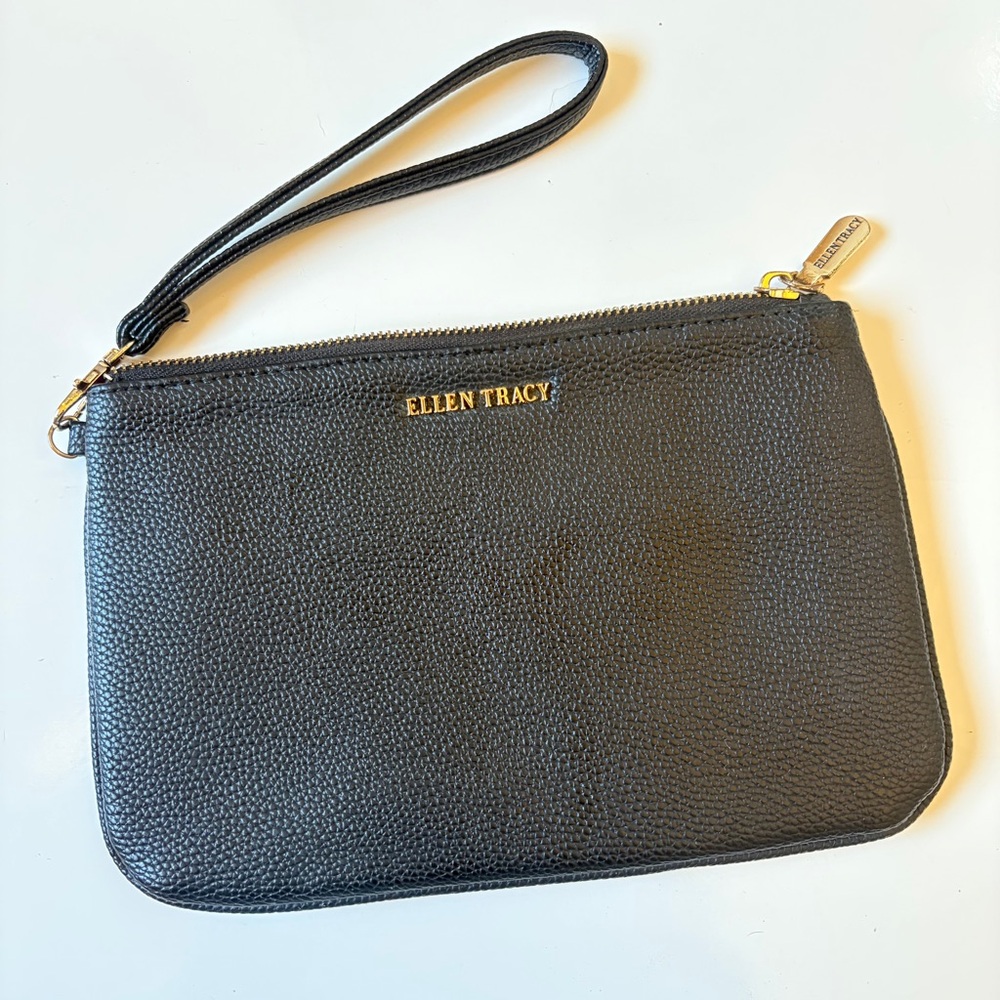 Ellen Tracy Croco Collection Wristlet Clutch Purse Black Gold Faux Leather ZipUp